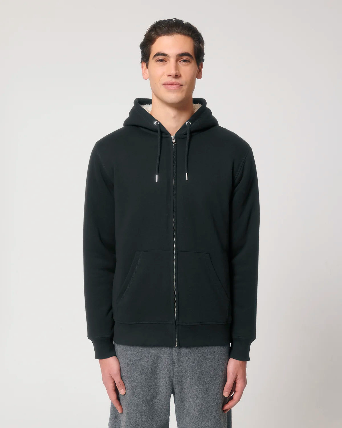 Sherpa Zip Hoodie, Black, front